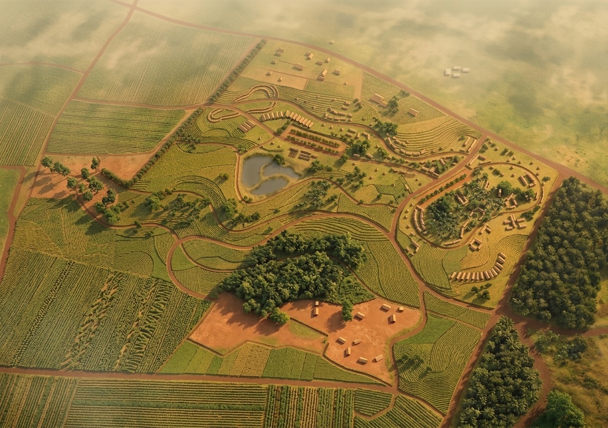 Aerial masterplan render of Revive Farms Phase 1 — Bomfa, Ashanti Region, Ghana